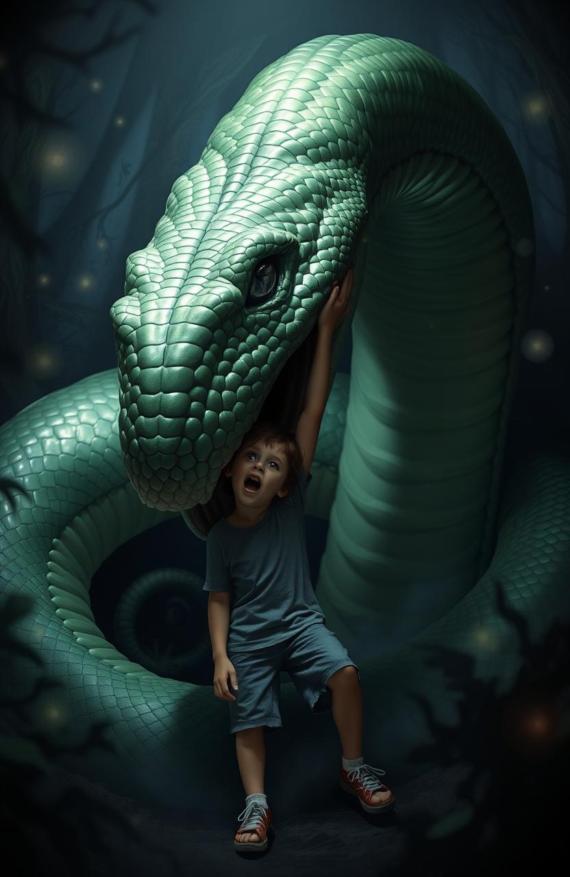 A dramatic scene depicting a large, exaggerated snake attempting to swallow a small boy, set in a magical, dark atmosphere