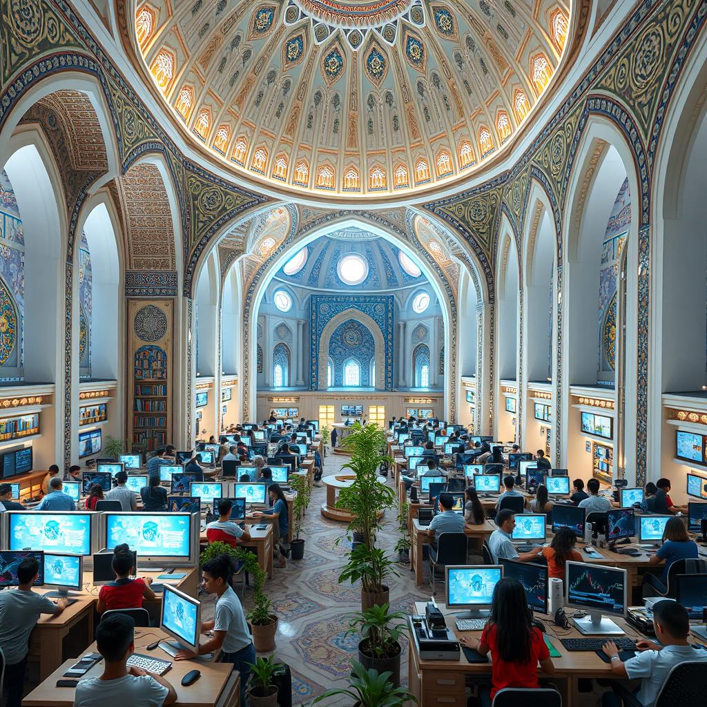A futuristic Iranian computer school set in a hundred years from now, inspired by the grand architecture of Isfahan mosques
