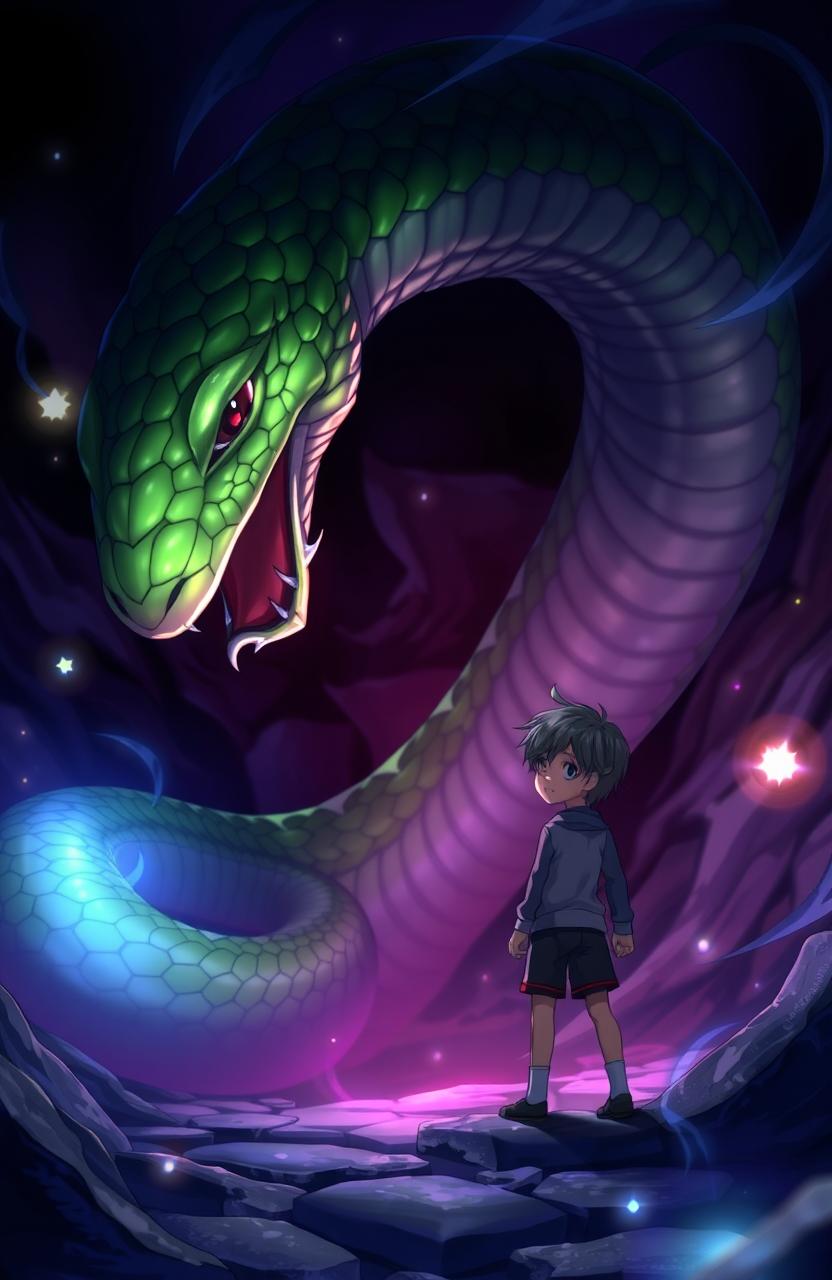 A fantastical anime scene featuring a giant snake attempting to consume a small boy