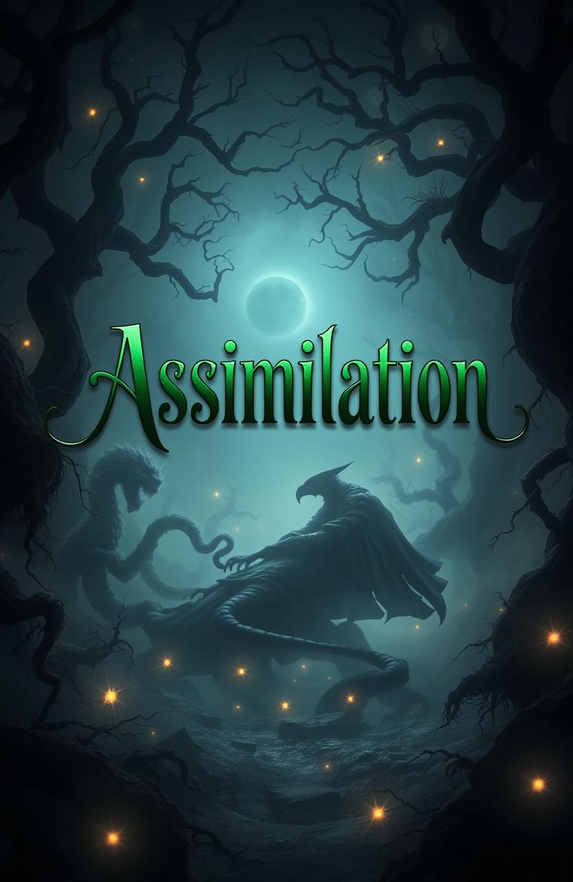A mystical and dark fantasy scene featuring a large, ominous title in elegant green and silver typography that reads "Assimilation"