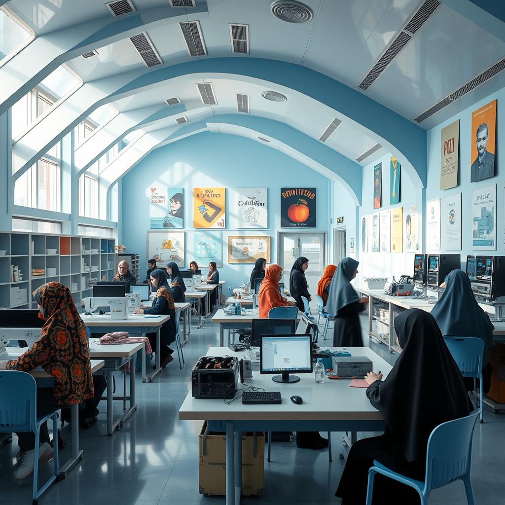 An advanced Iranian school set in the next hundred years, featuring modern sewing classes with vibrant fabrics, cutting-edge computers with holographic displays in a spacious tech lab, and a state-of-the-art cooking class with students learning culinary arts