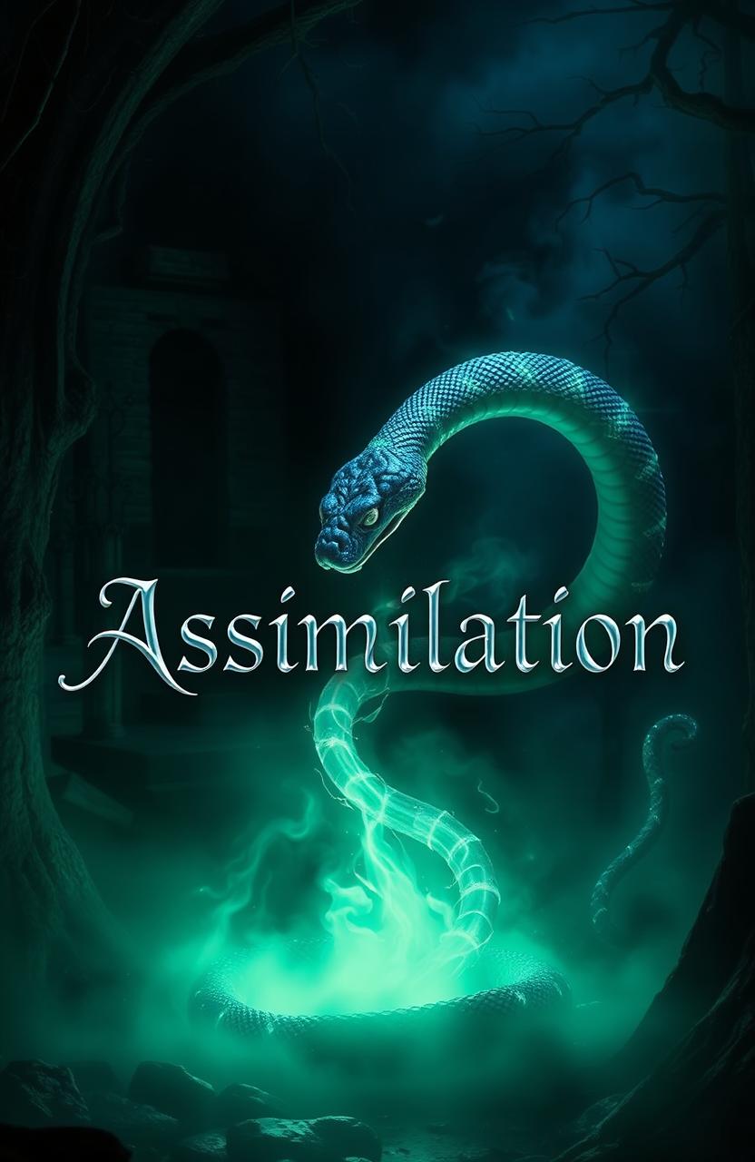 A mystical and atmospheric image depicting snake magic, featuring dark tones complemented by hues of green and silver