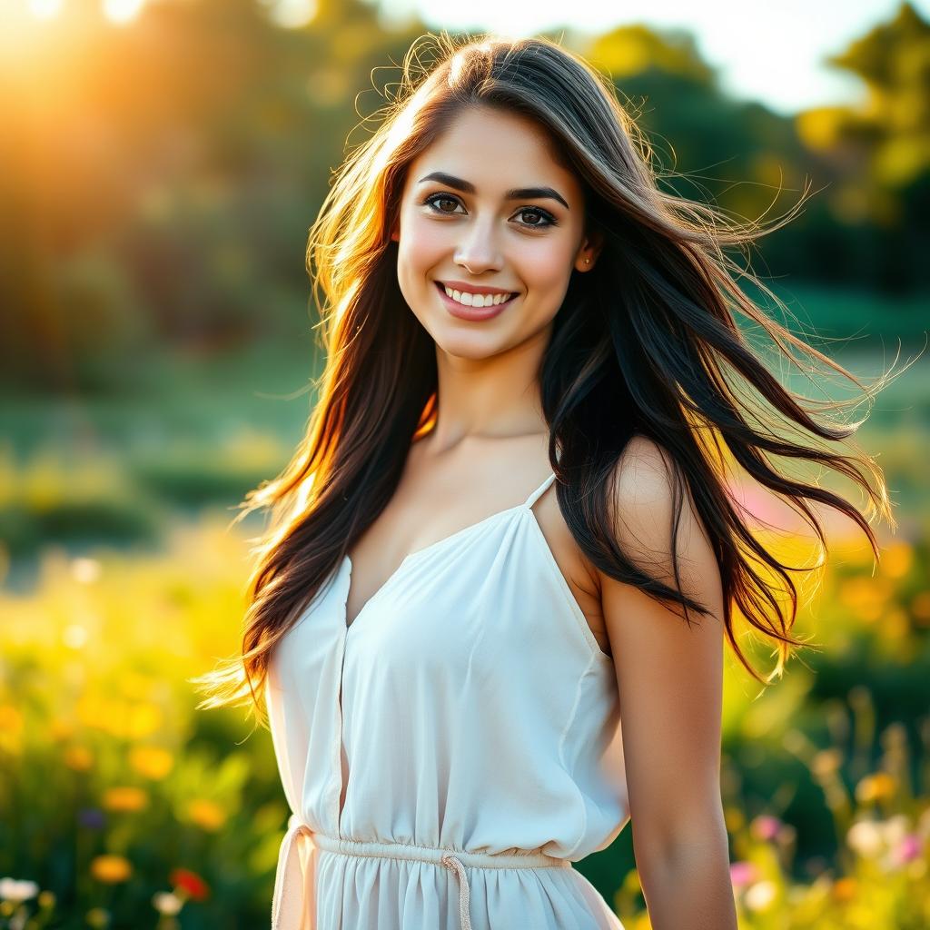 A stunning portrait of a confident, attractive young woman with long, flowing hair, standing outdoors during golden hour