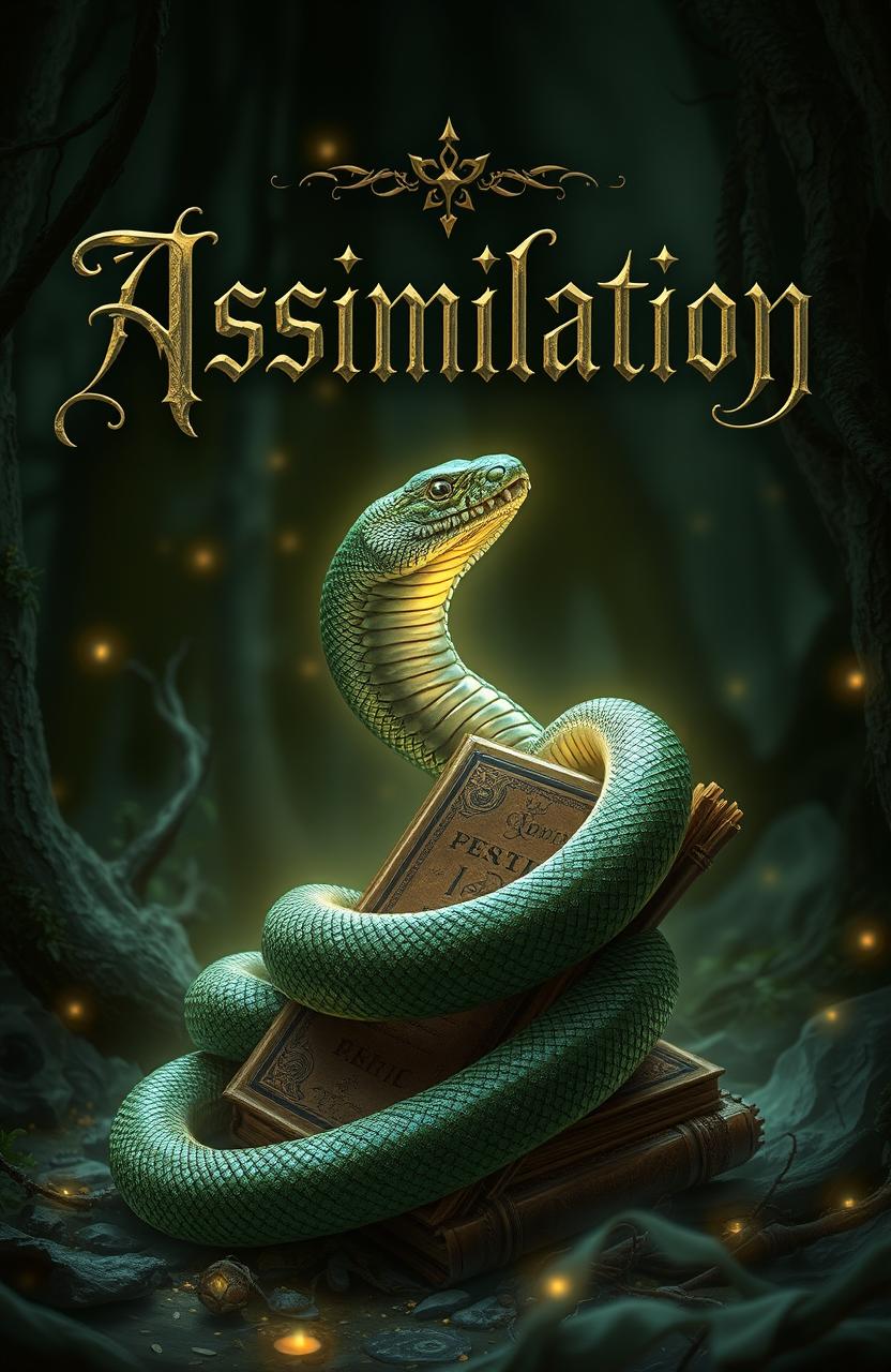 A dark and mystical scene featuring a snake coiled around an ancient tome, exuding a powerful aura of magic