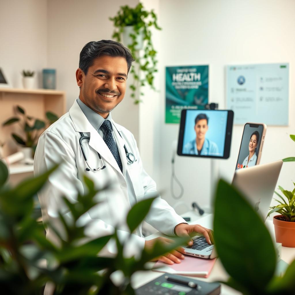 A professional doctor in a modern medical center, characterized by a smart and caring demeanor