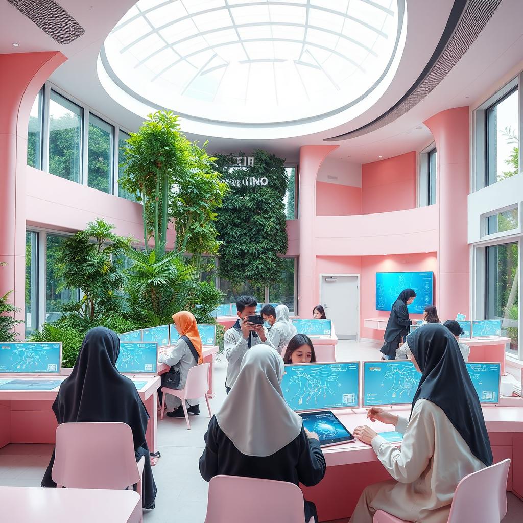 A futuristic advanced Iranian school set in the next hundred years, showcasing innovative technologies and modern architecture