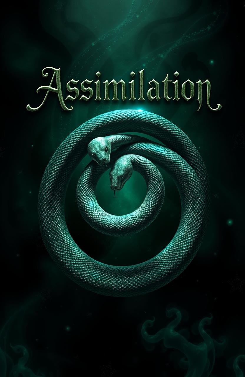 A mystical and dark-themed representation of snake magic featuring serpents entwined in a captivating spiral