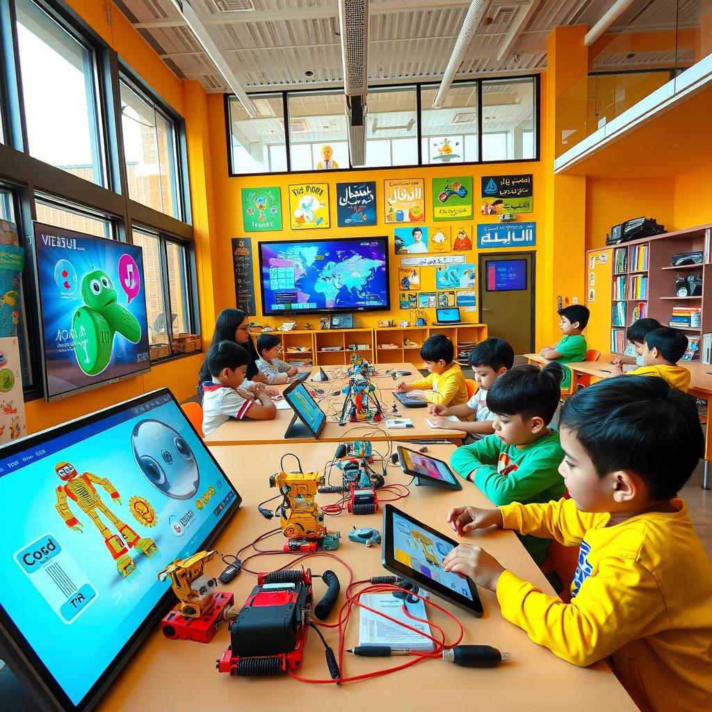 A beautiful and stunning image showcasing new technologies in an Iranian school, featuring advanced learning equipment such as interactive smart boards, tablets, and robotics kits