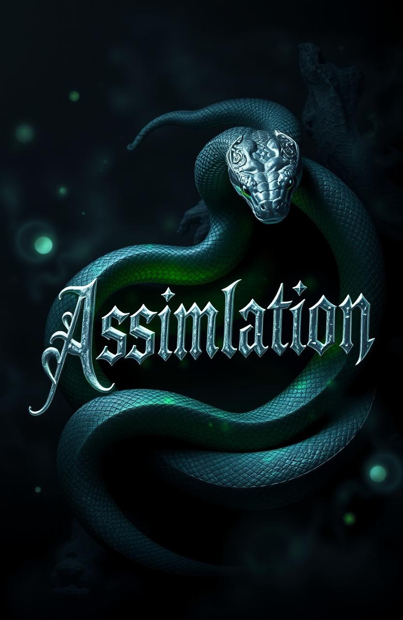 A mystical and dark scene featuring a snake entwined around a silver and green shimmering title that reads 'Assimilation' in ornate Gothic text