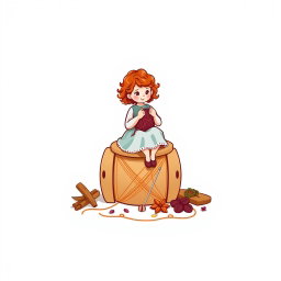 A vector logo design featuring a little girl with curly auburn hair sitting on a large spool, the size of a chair, while knitting with knitting needles