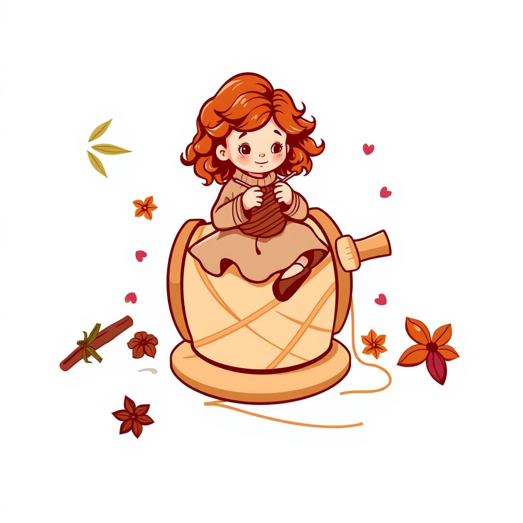 A vector logo design featuring a little girl with curly auburn hair sitting on a large spool, the size of a chair, while knitting with knitting needles