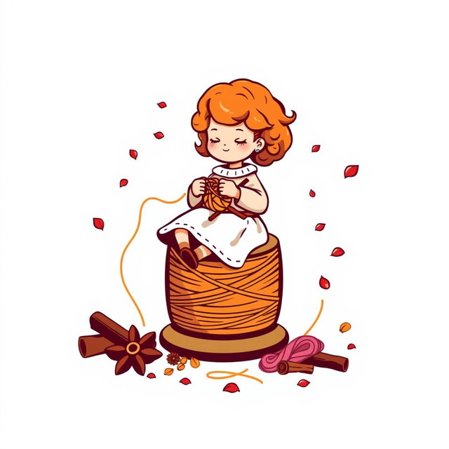 A vector logo design featuring a little girl with curly auburn hair sitting on a large spool, the size of a chair, while knitting with knitting needles