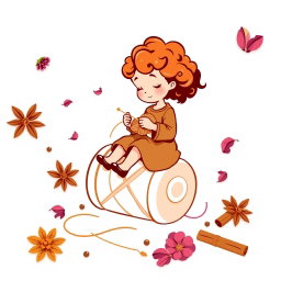 A vector logo design featuring a little girl with curly auburn hair sitting on a large spool, the size of a chair, while knitting with knitting needles