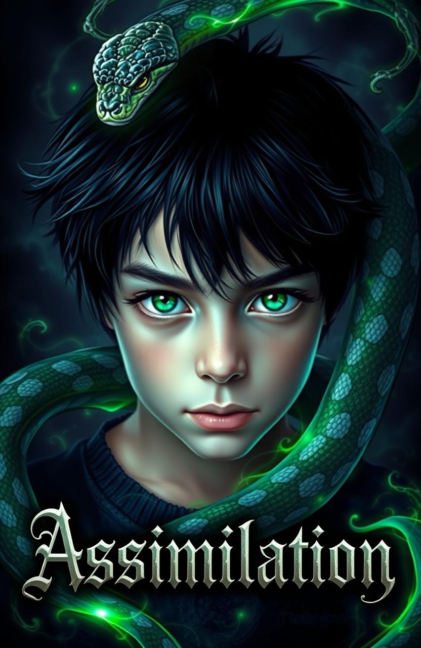 A young boy with black hair and striking green eyes, surrounded by an aura of dark snake magic