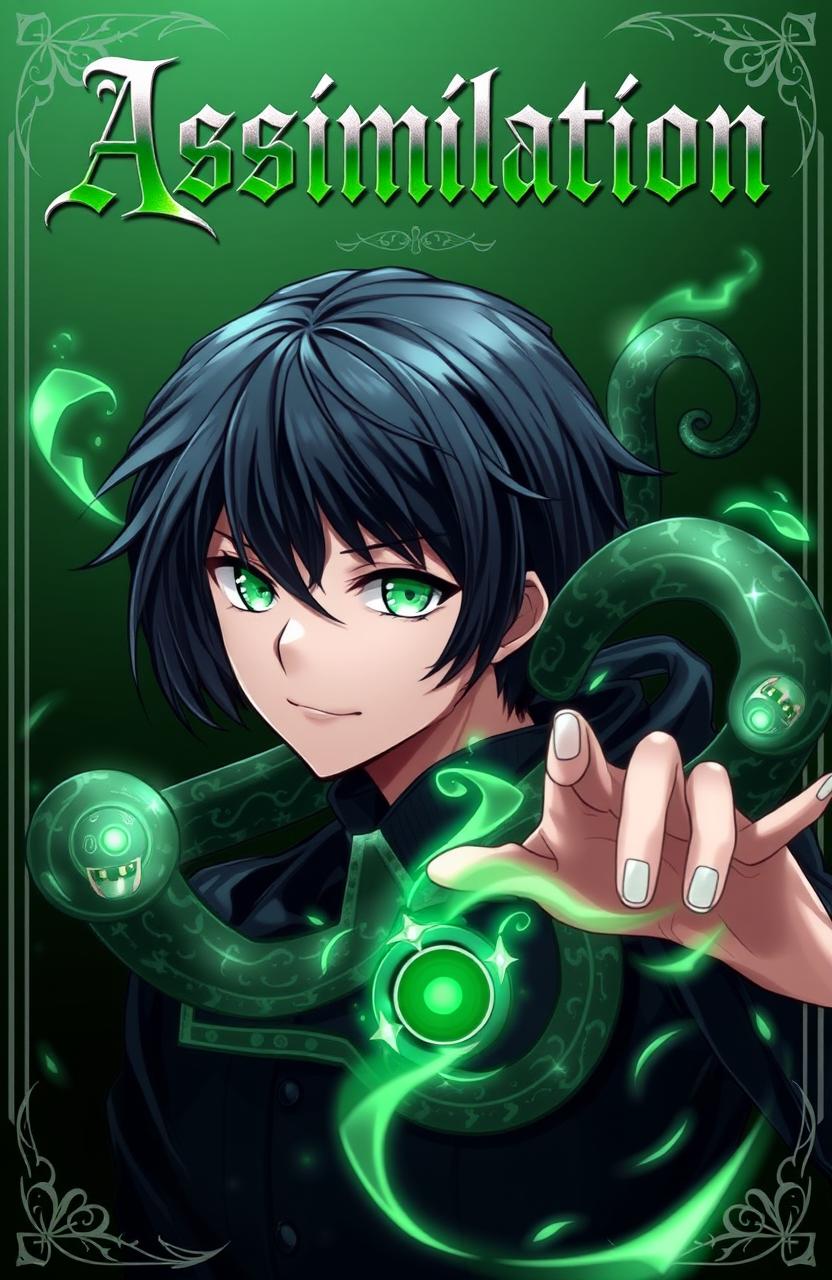 An anime boy with striking black hair and vibrant green eyes, showcasing dark snake magic swirling around him, suggesting power and mystery