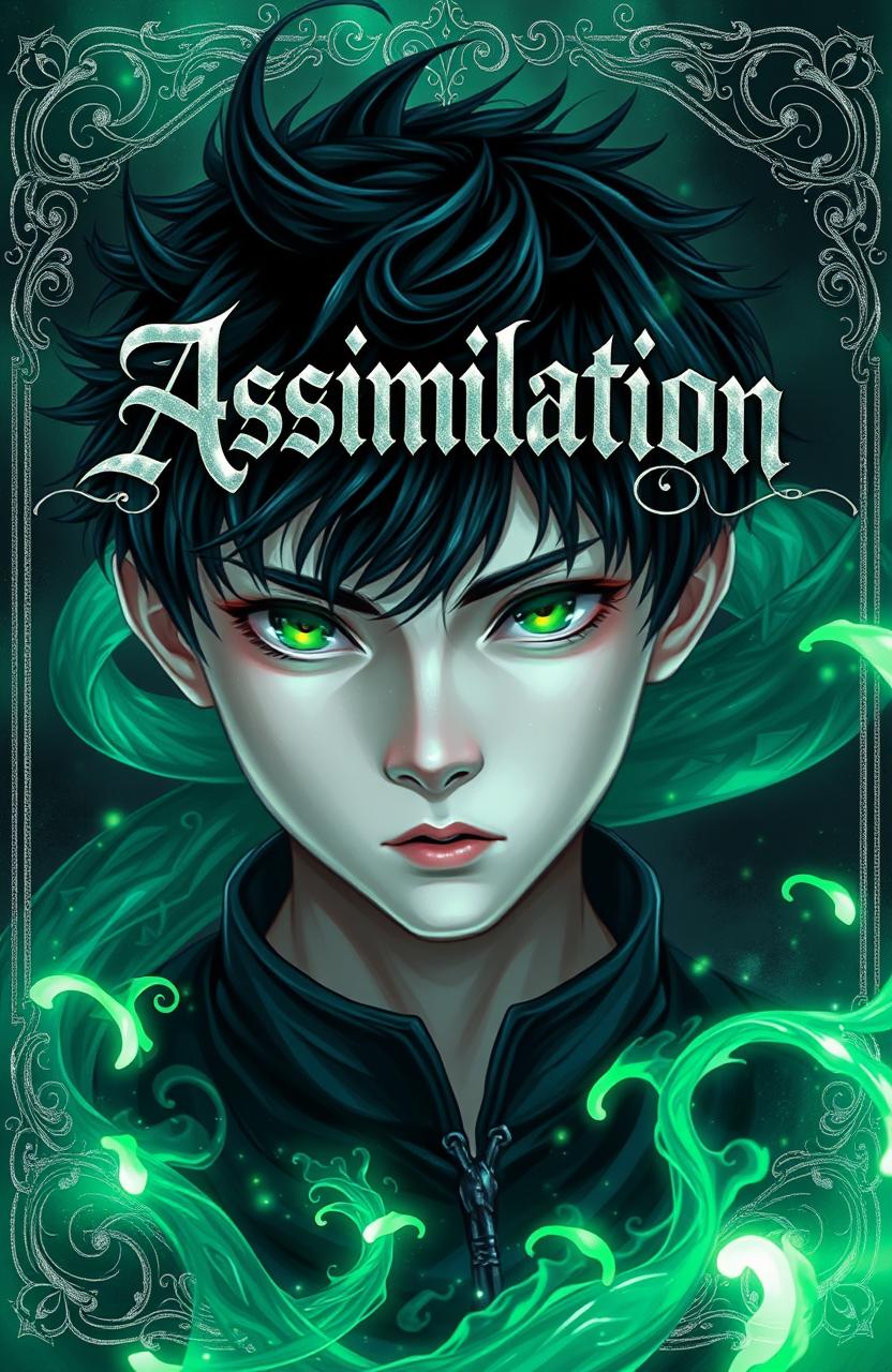 A Korean boy with striking black hair and vivid green eyes, harnessing the powers of dark snake magic