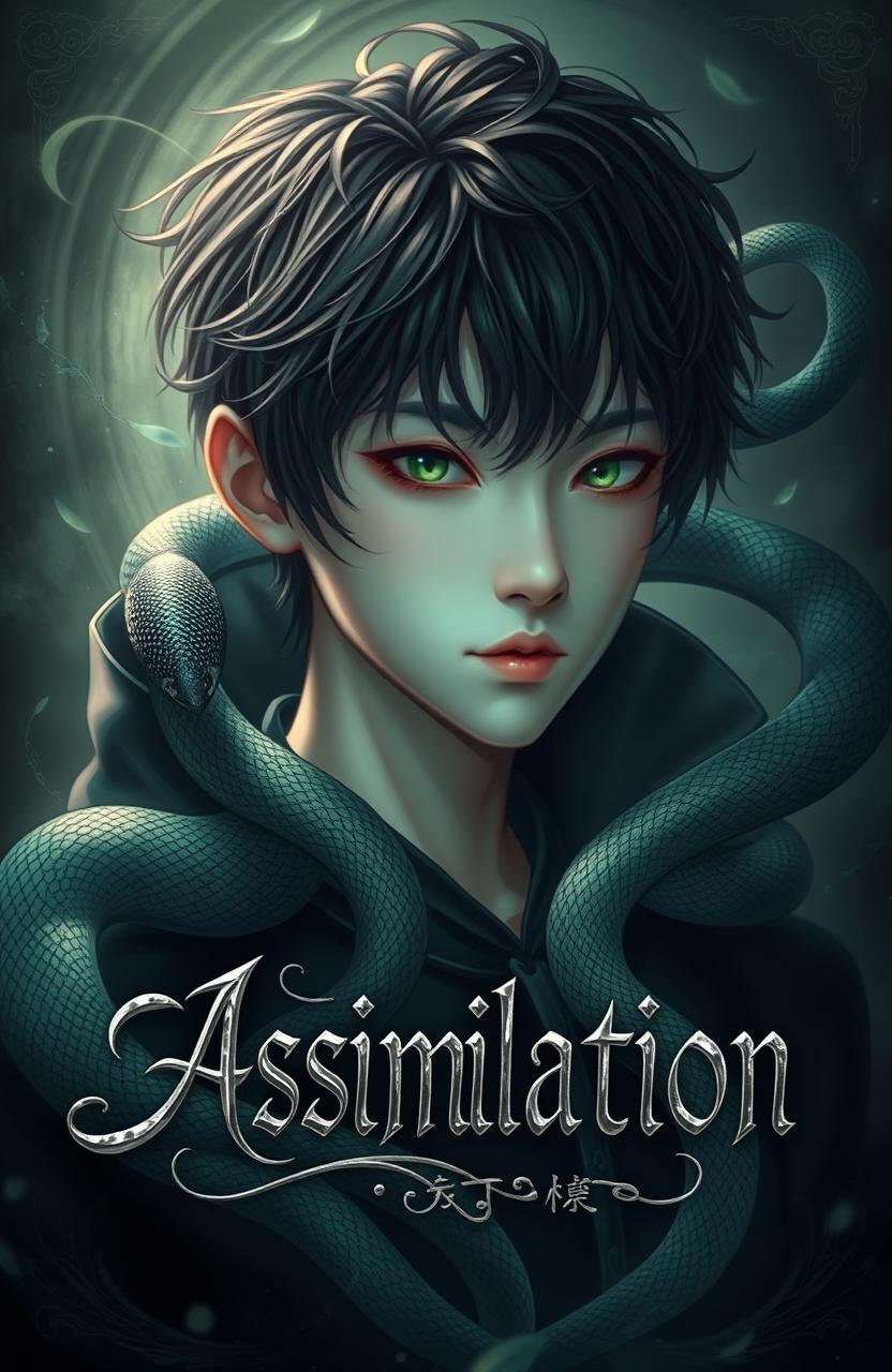 A Korean boy with striking black hair and captivating green eyes, adorned with snake-themed magical elements in a dark, mystical atmosphere