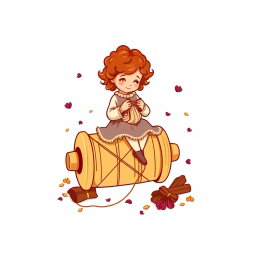 A vector logo design featuring a little girl with curly auburn hair sitting on a large spool, the size of a chair, while knitting with knitting needles