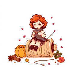A vector logo design featuring a little girl with curly auburn hair sitting on a large spool, the size of a chair, while knitting with knitting needles