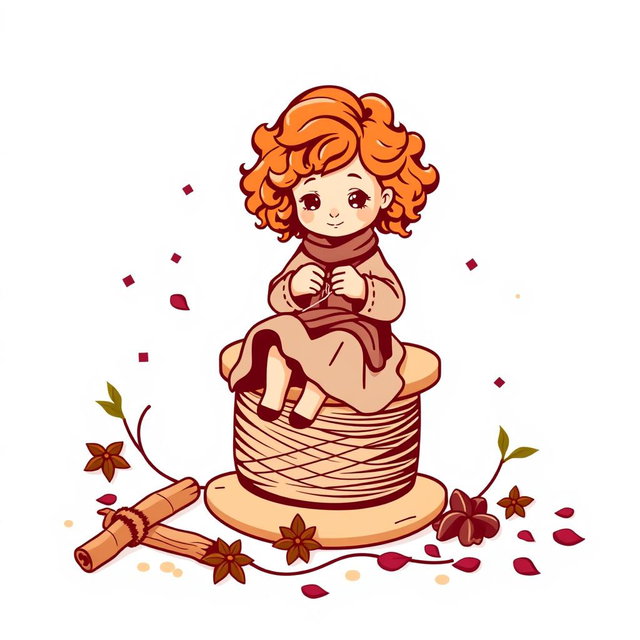 A vector logo design featuring a little girl with curly auburn hair sitting on a large spool, the size of a chair, while knitting with knitting needles