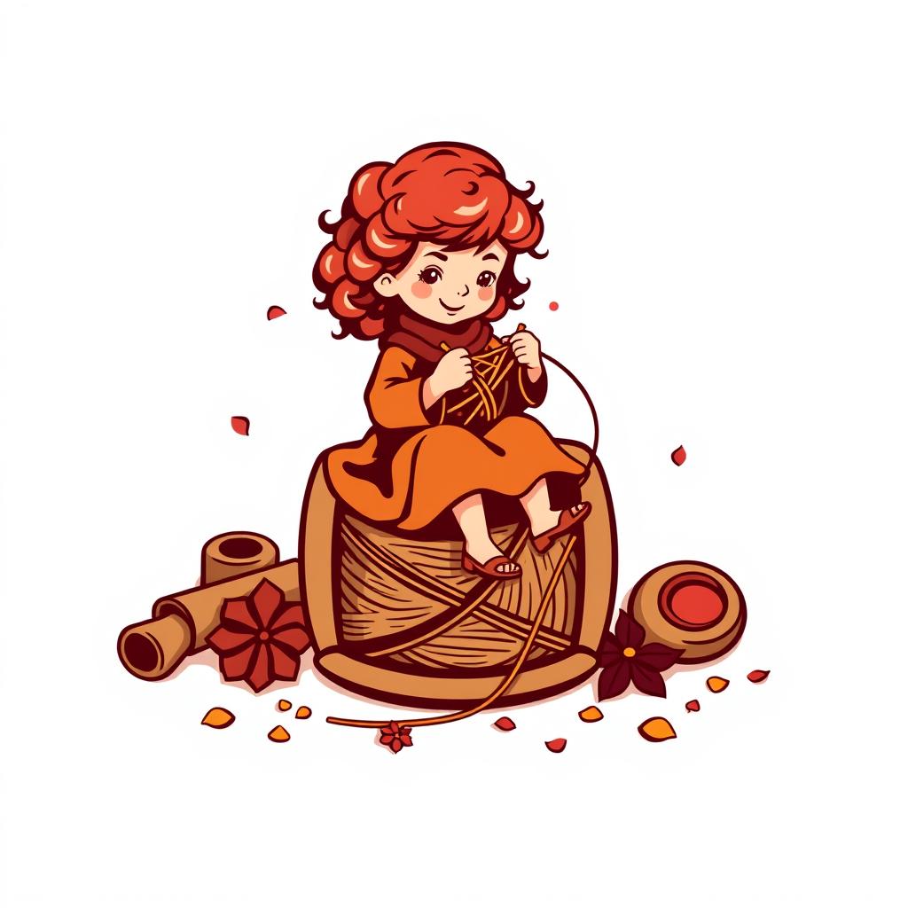 A vector logo design featuring a little girl with curly auburn hair sitting on a large spool, the size of a chair, while knitting with knitting needles