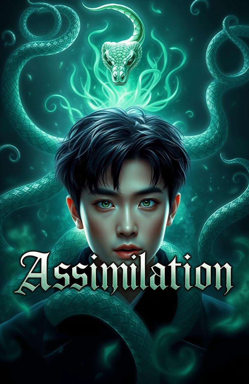 A young Korean adult male with striking black hair and captivating green eyes