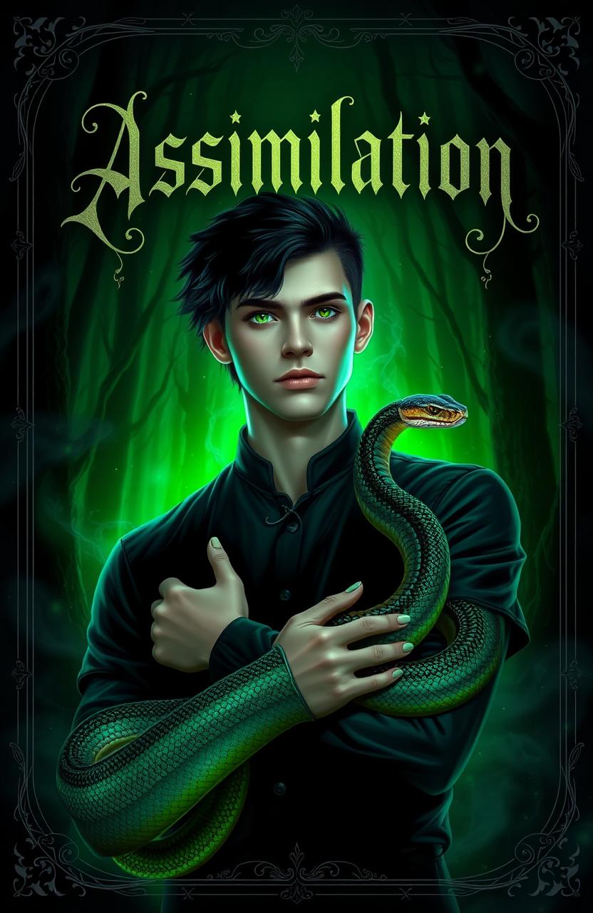 An adult male with striking black hair and vibrant green eyes, embodying a mystical aura of snake magic