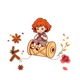 A vector logo design featuring a little girl with curly auburn hair sitting on a large spool, the size of a chair, while knitting with knitting needles