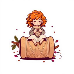 A vector logo design featuring a little girl with curly auburn hair sitting on a large spool, the size of a chair, while knitting with knitting needles