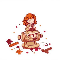 A vector logo design featuring a little girl with curly auburn hair sitting on a large spool, the size of a chair, while knitting with knitting needles