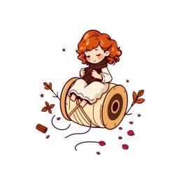 A vector logo design featuring a little girl with curly auburn hair sitting on a large spool, the size of a chair, while knitting with knitting needles