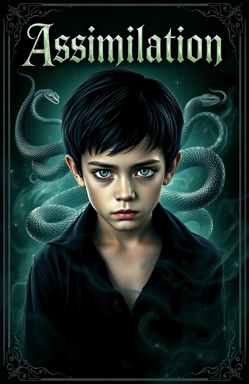 A captivating movie poster featuring an adult boy with striking black hair and mesmerizing green eyes, embodying a mystical aura