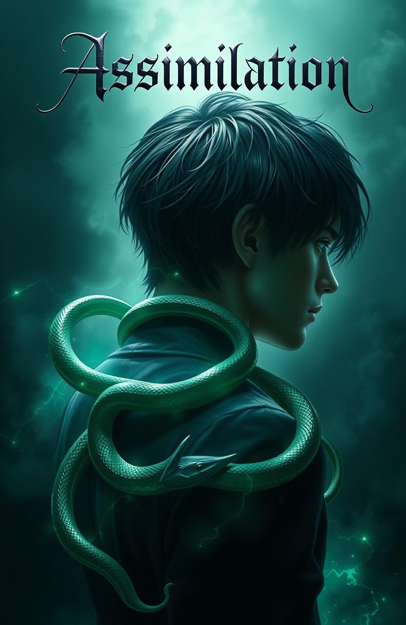 A striking portrayal of an adult male from the back, with jet black hair and intense green eyes