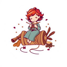 A vector logo design featuring a little girl with curly auburn hair sitting on a large spool while knitting with knitting needles