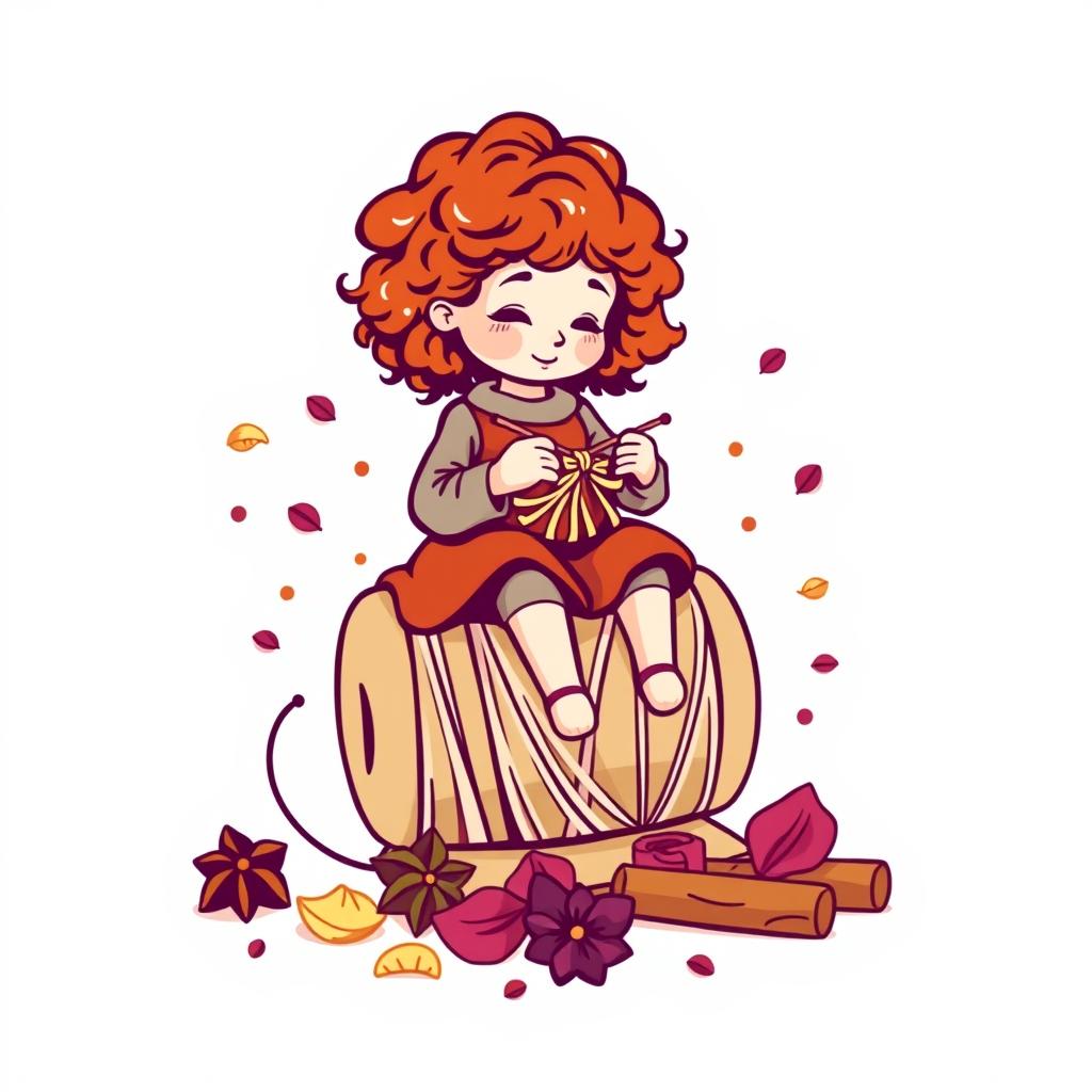 A vector logo design featuring a little girl with curly auburn hair sitting on a large spool while knitting with knitting needles