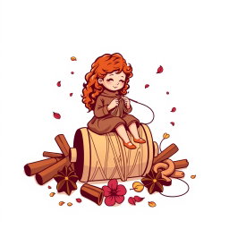 A vector logo design featuring a little girl with curly auburn hair sitting on a large spool while knitting with knitting needles