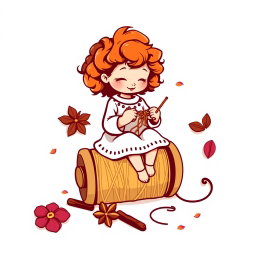A vector logo design featuring a little girl with curly auburn hair sitting on a large spool while knitting with knitting needles