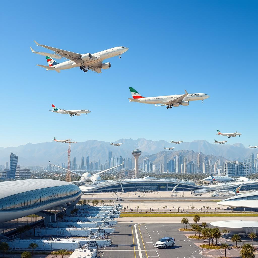 A visionary scene showcasing the future of aviation in Iran, featuring advanced Iranian aircraft soaring through a clear blue sky