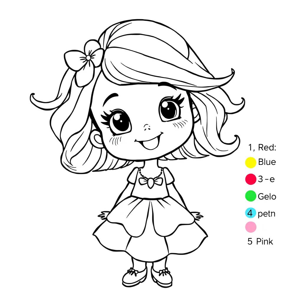 A beautiful black-and-white line art illustration of a cute girl designed for coloring by numbers