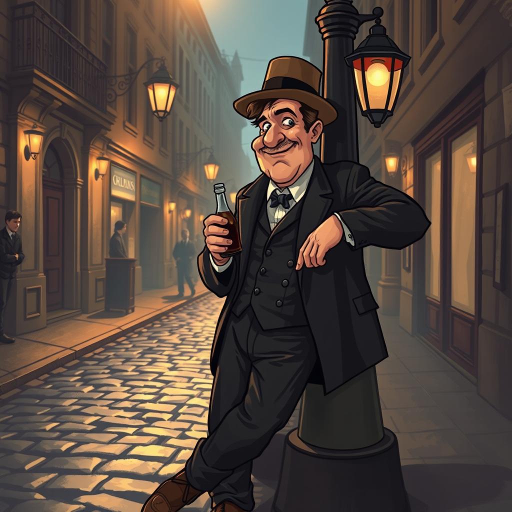 A vintage scene depicting a drunken man, characterized by a stylish 1920s look, with a disheveled appearance, leaning against a lamppost on a cobblestone street