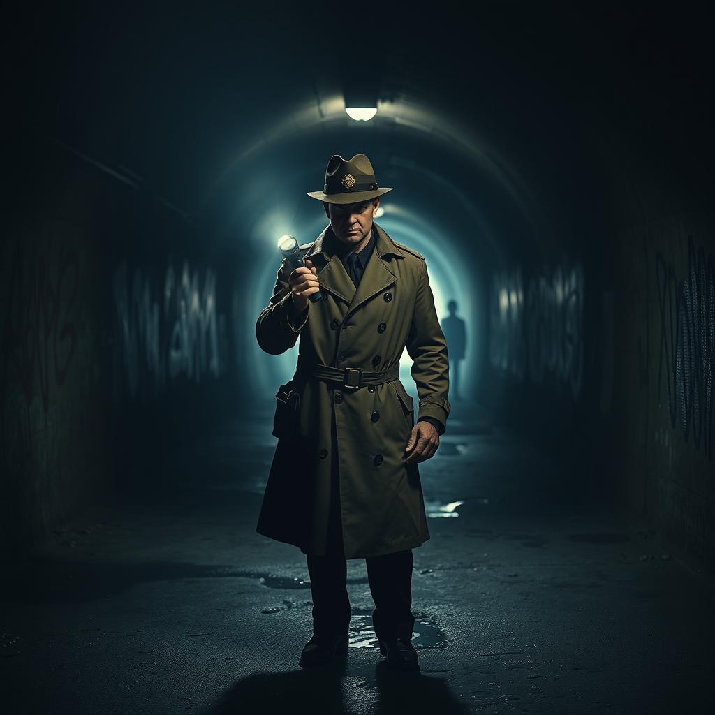 A mysterious policeman standing alone at the entrance of dark, shadowy tunnels, surrounded by an underground world