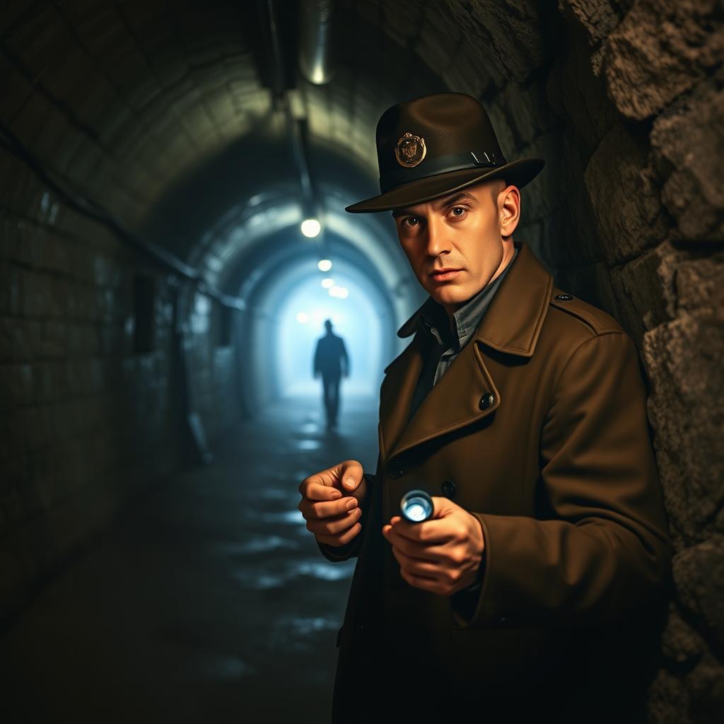 A mysterious policeman exploring dark tunnels and underground passages, dressed in a classic police uniform with a trench coat and a fedora hat