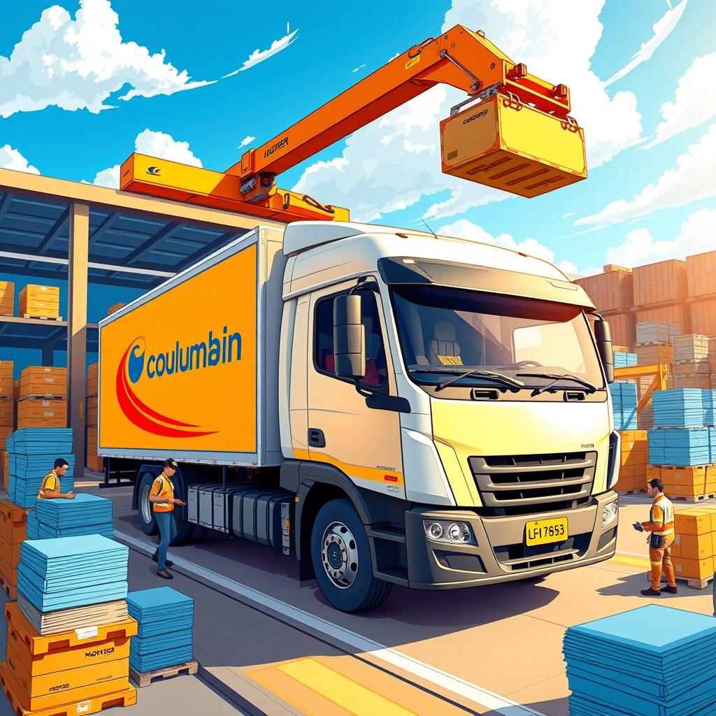 A detailed and vibrant illustration representing Columbia Logistics with a Hiabhem vehicle in action, showcasing a dynamic transportation scene