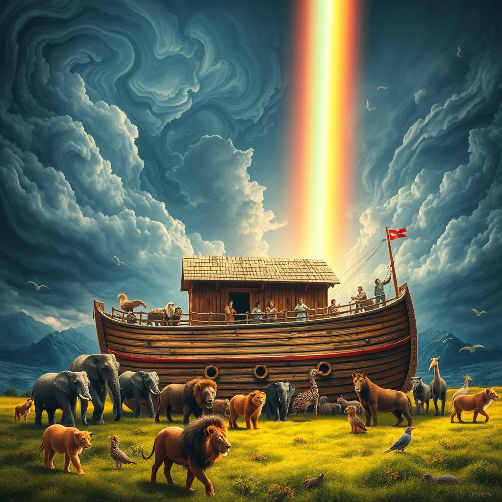 A beautiful and detailed depiction of Noah's Ark, set against a dramatic sky filled with swirling clouds