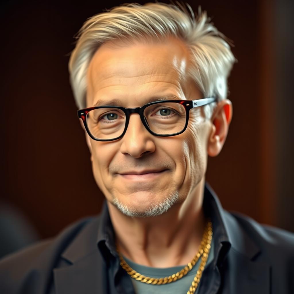 A portrait of a man around 40 years old, wearing stylish glasses and adorned with a gold necklace