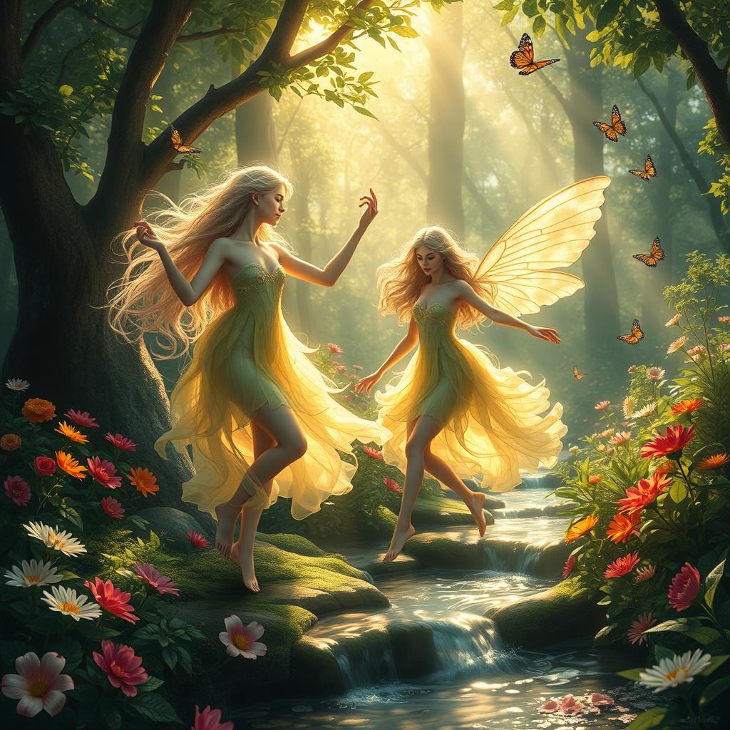 A mesmerizing scene featuring ethereal girl nymphs dancing gracefully in a lush, enchanted forest