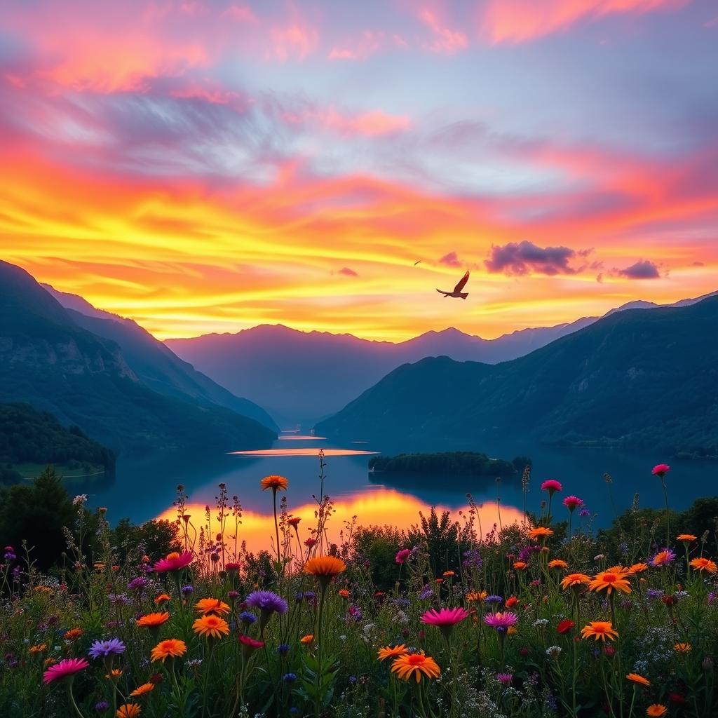 A beautiful and effective image of a serene landscape at sunset, featuring a tranquil lake reflecting the vibrant hues of the sky, surrounded by lush green mountains