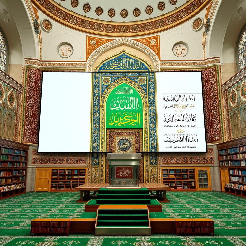 An interior view of a grand mosque featuring a massive display wall measuring 3m by 4m, positioned on the wall directly opposite the beautifully decorated mihrab