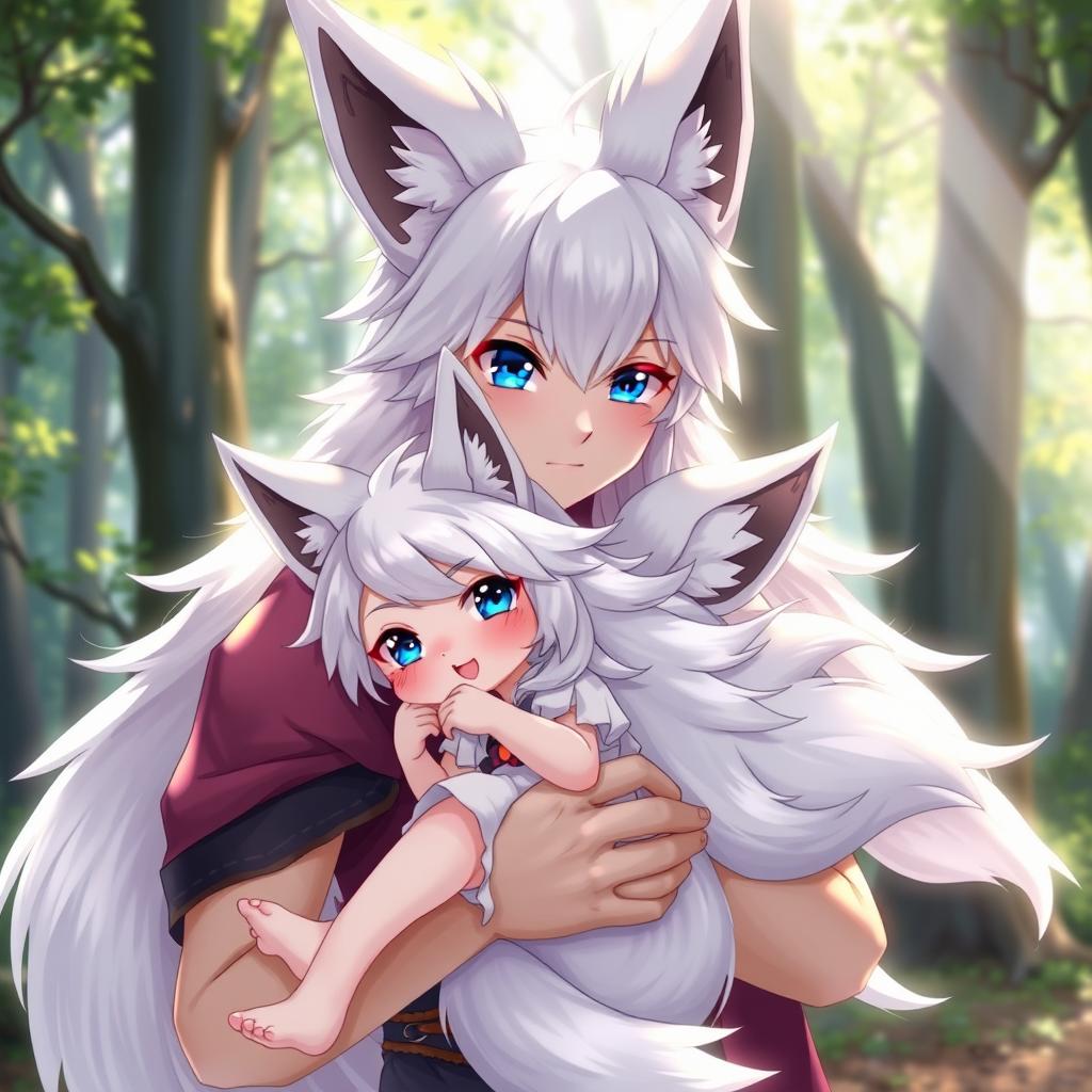 A kitsune male character with striking white hair, large fluffy fox ears, and vibrant blue eyes, holding in his arms a cute little kitsune girl