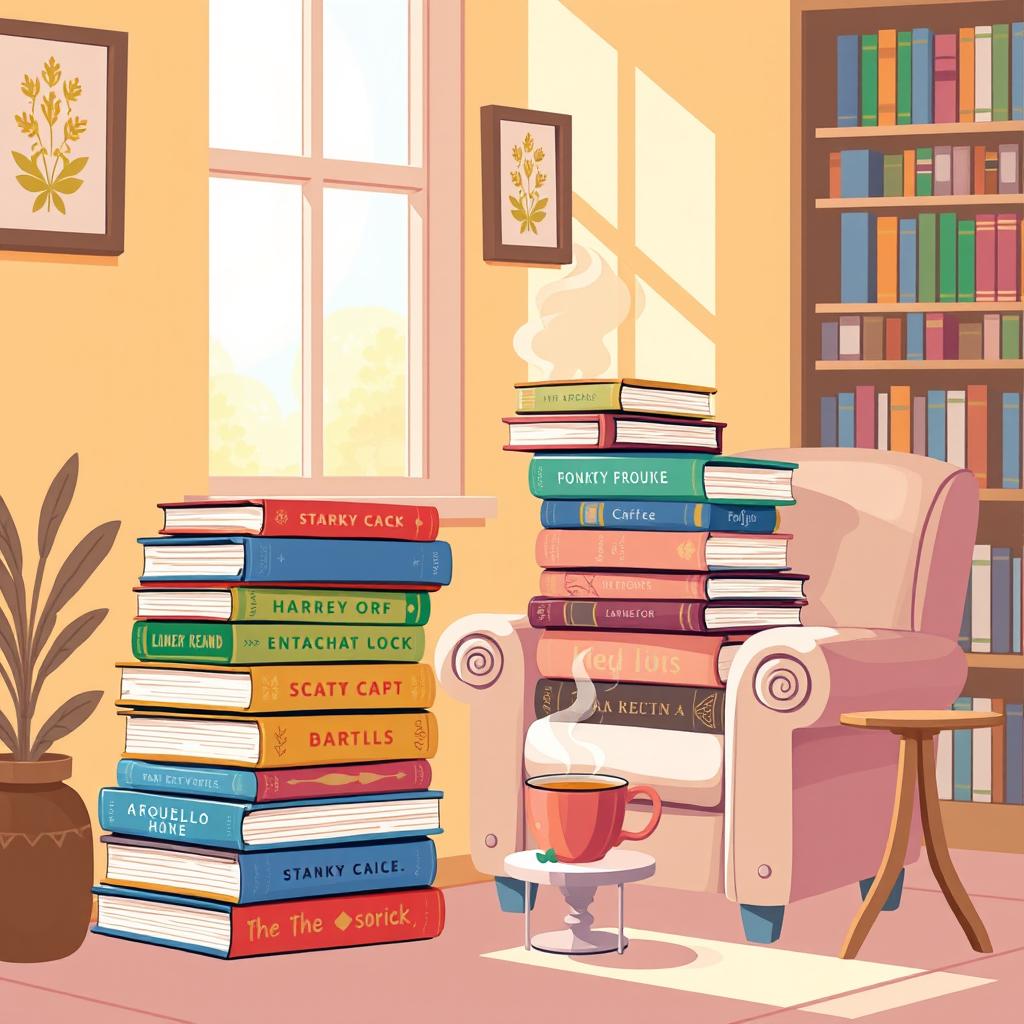 A cozy illustration of a stack of colorful books, surrounded by a warm, inviting reading nook
